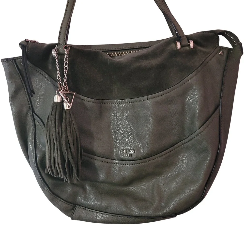GUESS 1981 Olive Green Pebbled Faux Leather‎ Hobo Bag with Suede 80s Trim Tassel